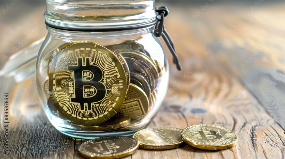 A glass jar filled with Bitcoin cryptocurrency. The jar is sitting on a wooden table. A glass jar filled with Bitcoin cryptocurrency. The jar is sitting on a wooden table.