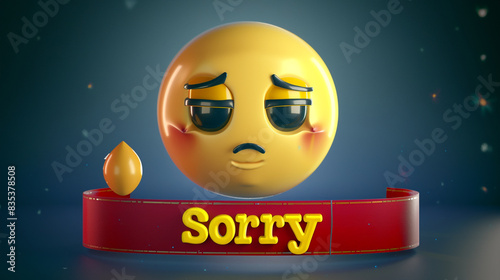 Create a 3D luxury yellow emoji with a sorry expression. Below the emoji, a red ribbon banner displays 
