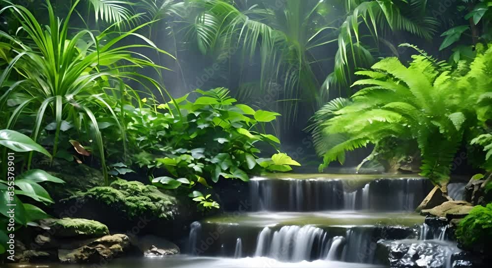 Scenic view of a lush jungle with a flowing stream and tropical plants in their natural habitat. Concept Nature Photography, Tropical Landscapes, Jungle Adventure, Serene Streams, Lush Flora Scenic view of a lush jungle with a flowing stream and tropical plants in their natural habitat. Concept Nature Photography, Tropical Landscapes, Jungle Adventure, Serene Streams, Lush Flora