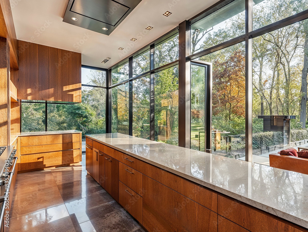 A kitchen with a large window 