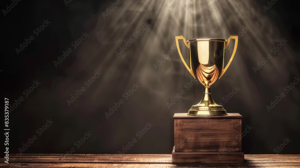 Glowing trophy cup illuminated by rays of light, representing success and triumph Glowing trophy cup illuminated by rays of light, representing success and triumph
