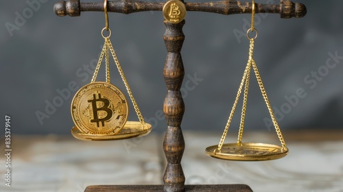 The balance of power. Bitcoin and gold on scales. photo