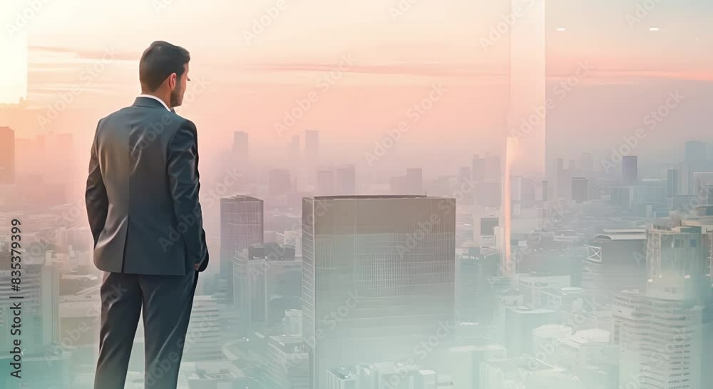 Man in suit looking over cityscape symbolizing urban success or leadership. Concept Business Success, Urban Lifestyle, Cityscape View, Leadership and Achievement, Professional Male Portrait Man in suit looking over cityscape symbolizing urban success or leadership. Concept Business Success, Urban Lifestyle, Cityscape View, Leadership and Achievement, Professional Male Portrait