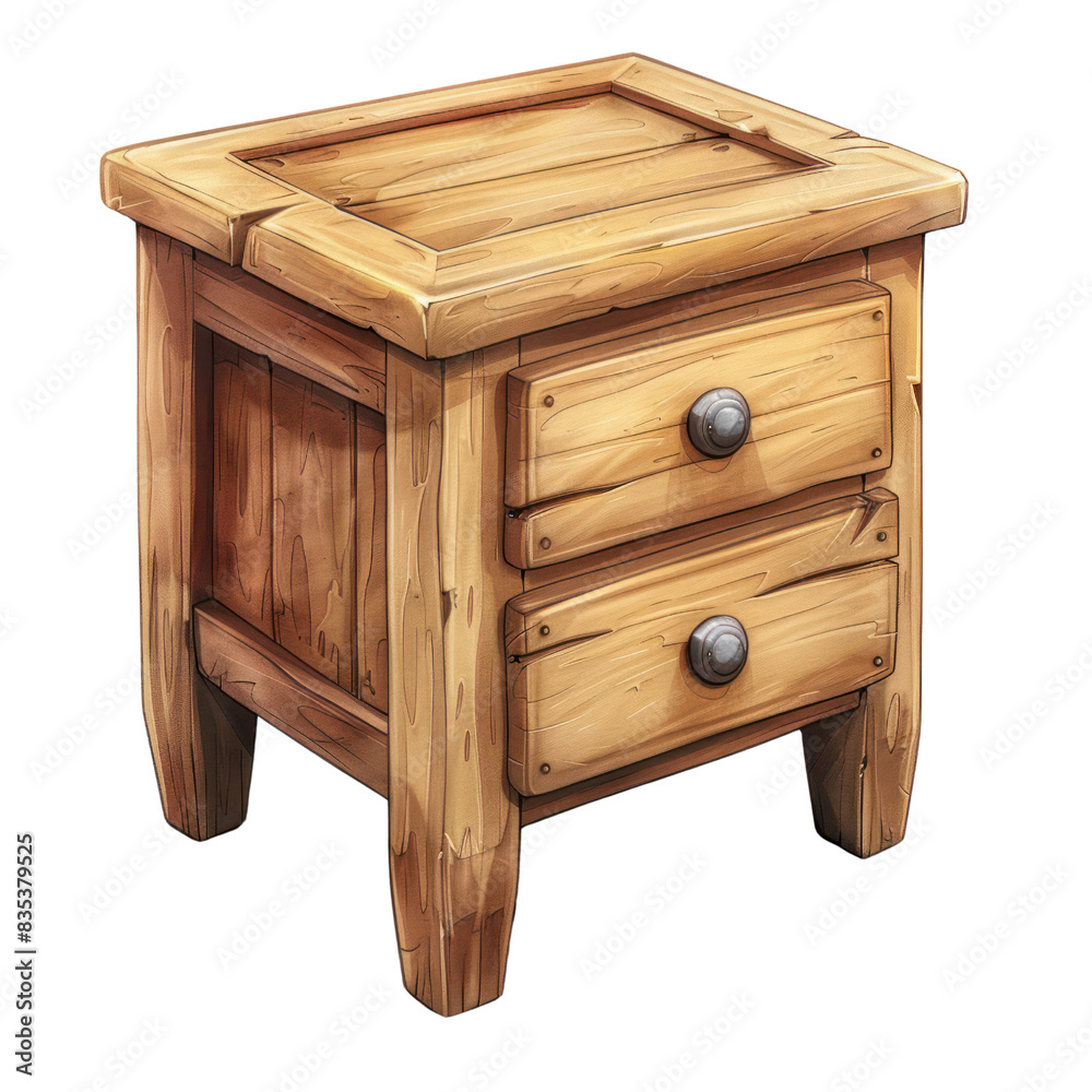 Rustic wooden bedside table with two drawers and metal knobs, perfect for bedroom decor and additional storage. transparent backgrounds Rustic wooden bedside table with two drawers and metal knobs, perfect for bedroom decor and additional storage. transparent backgrounds