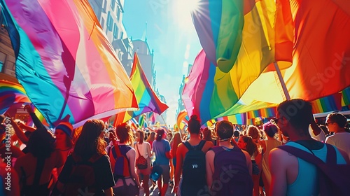 Diverse crowd at a Pride festival with rainbow flags, vibrant outfits, Pop Art, Bold Colors, Digital, celebrating inclusivity and joy 8K , high-resolution, ultra HD,up32K HD photo
