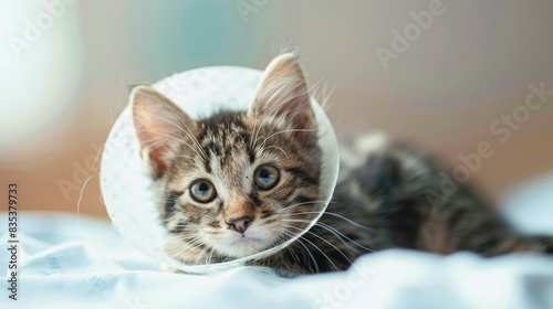 A kitten wearing a cone collar after surgery