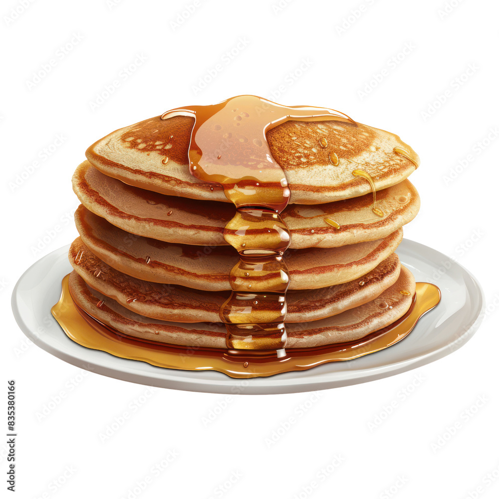 Stack of fluffy pancakes drizzled with syrup on a white plate, perfect for breakfast or brunch images. transparent backgrounds Stack of fluffy pancakes drizzled with syrup on a white plate, perfect for breakfast or brunch images. transparent backgrounds