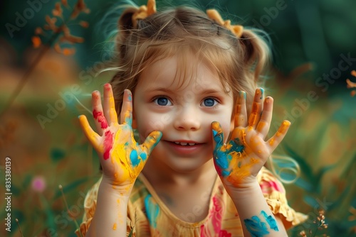 Child with painted hands  Adorable and Playful