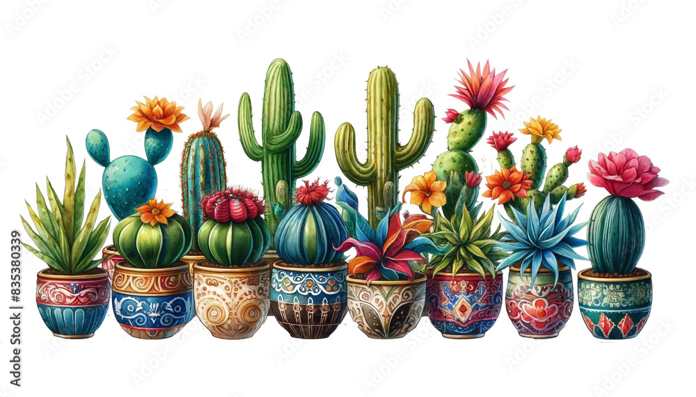 A vibrant watercolor illustration of various cacti in decorative pots arranged in a row. Detailed design with unique shapes and colorful pots on a transparent background. A vibrant watercolor illustration of various cacti in decorative pots arranged in a row. Detailed design with unique shapes and colorful pots on a transparent background.