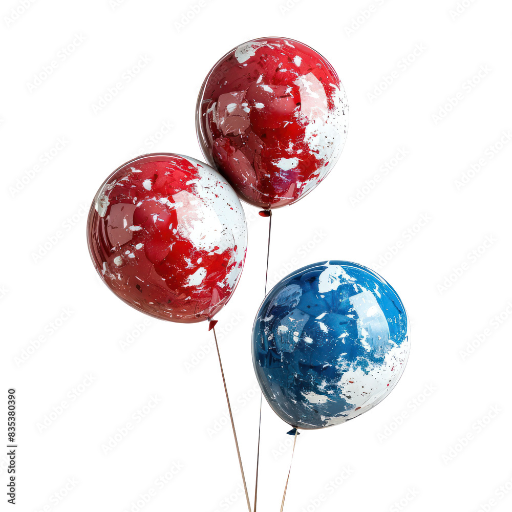 Three colorful balloons with a marbled design in red, white, and blue colors, perfect for festive occasions and celebrations. transparent backgrounds Three colorful balloons with a marbled design in red, white, and blue colors, perfect for festive occasions and celebrations. transparent backgrounds