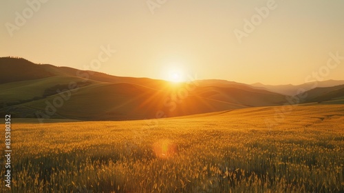 Field with hills and setting sun
