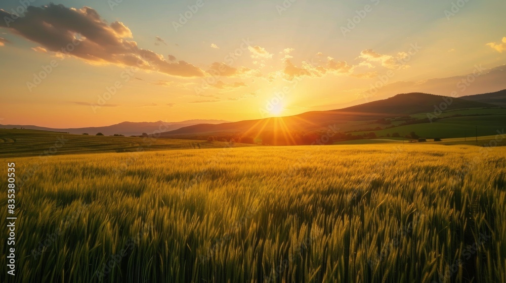 Field with hills and setting sun Field with hills and setting sun