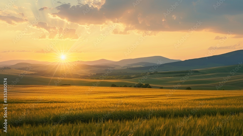 Field with hills and setting sun Field with hills and setting sun