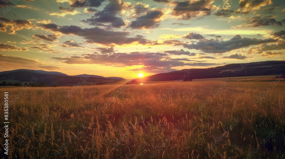 Field with hills and setting sun Field with hills and setting sun