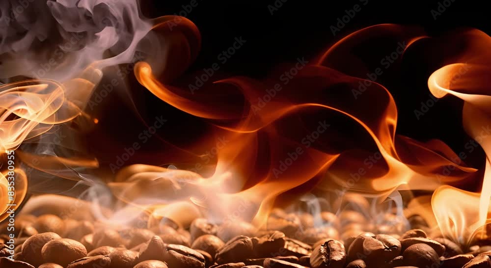 Coffee beans roasting releasing aromatic smoke in a cheerful cafe ...