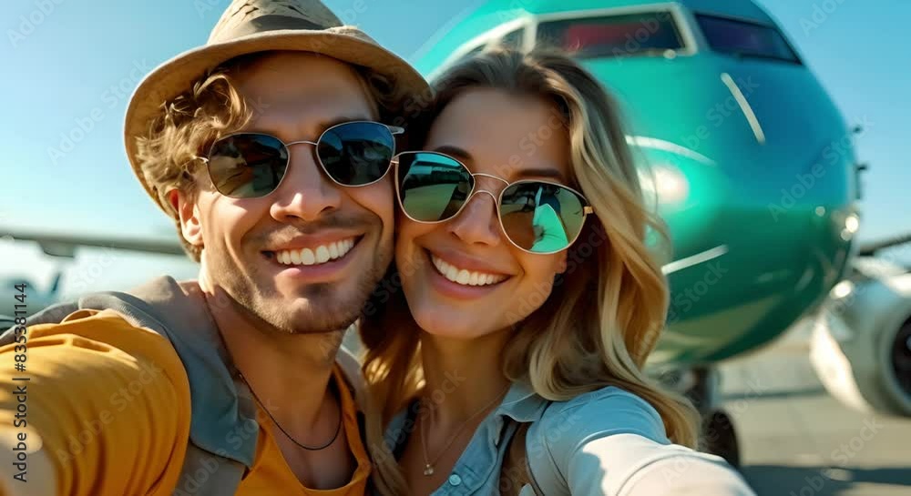 Happy young couple enjoying vacation, smiling and taking selfie at airport. Concept Travel, Vacation, Couple, Happiness, Selfie Happy young couple enjoying vacation, smiling and taking selfie at airport. Concept Travel, Vacation, Couple, Happiness, Selfie