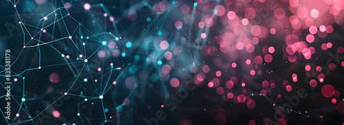 Abstract technology background with blue and pink glowing connections on a dark black background, a futuristic network concept banner for web design or digital marketing presentation mockup in the sty