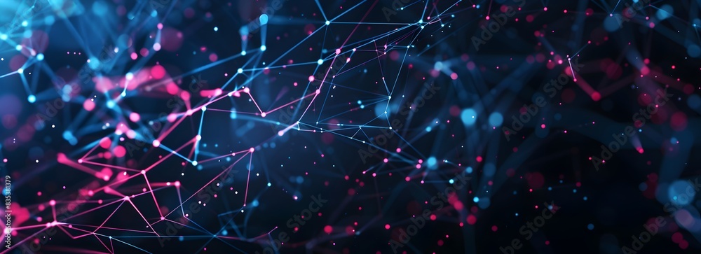 Abstract technology background with blue and pink glowing connections on a dark black background, a futuristic network concept banner for web design or digital marketing presentation mockup in the sty Abstract technology background with blue and pink glowing connections on a dark black background, a futuristic network concept banner for web design or digital marketing presentation mockup in the sty