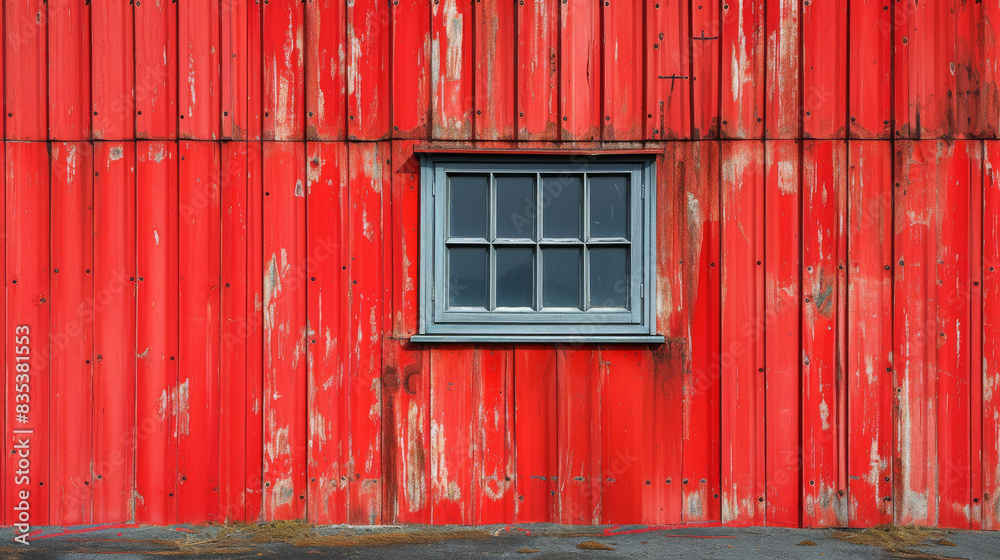 A weathered red wooden wall with a single window A weathered red wooden wall with a single window