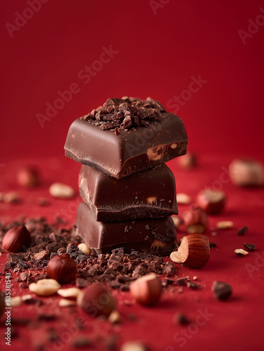 Gourmet Chocolate Bars with Hazelnuts on a Red Background
