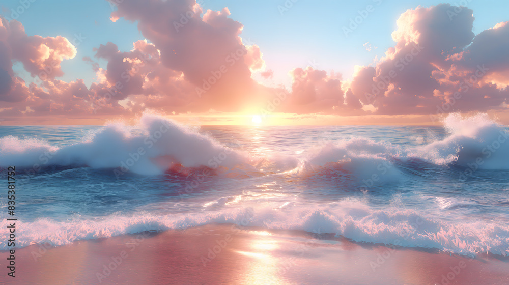 Fototapeta premium Serene Sunset Seascape with Gentle Waves and Fluffy Clouds