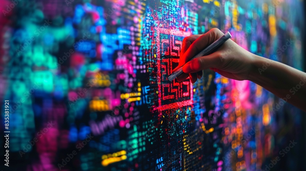 A hand creating a QR code with chalk on a blackboard, vibrant augmented reality effects, Cyberpunk, Multicolor, High Detail 8K , high-resolution, ultra HD,up32K HD A hand creating a QR code with chalk on a blackboard, vibrant augmented reality effects, Cyberpunk, Multicolor, High Detail 8K , high-resolution, ultra HD,up32K HD