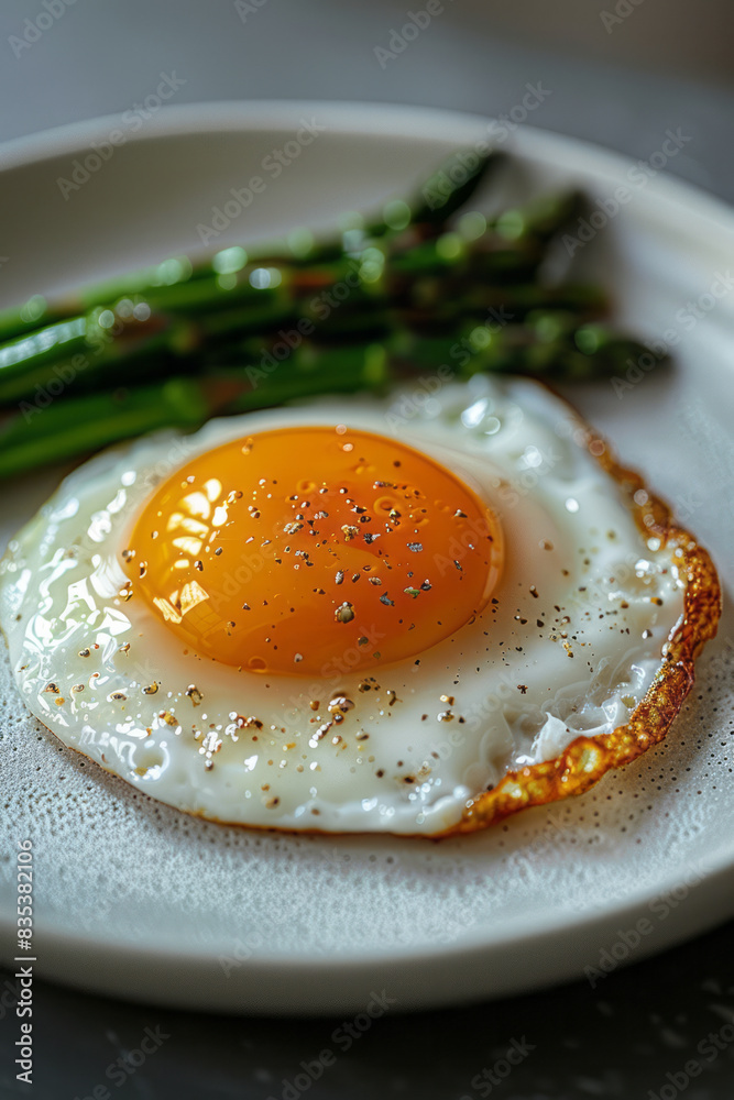 A minimalist composition of a fried egg with a side of asparagus spears, arranged neatly on a white plate, A minimalist composition of a fried egg with a side of asparagus spears, arranged neatly on a white plate,