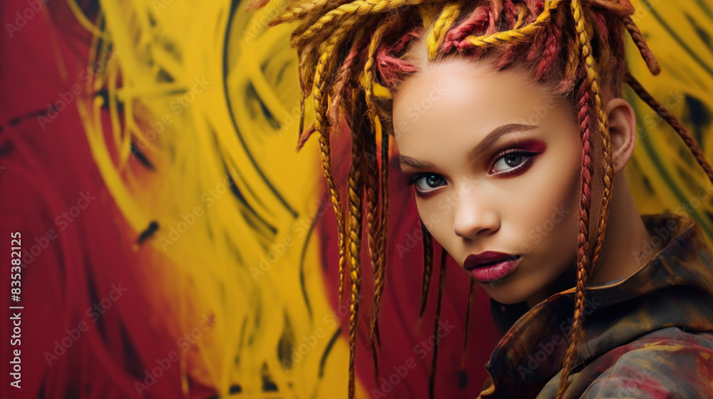 Girl of model appearance in splashes of paint against the background of a yellow wall.