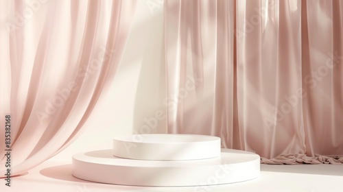 A minimalist white tiered pedestal stands before pastel pink curtains bathed in natural light, creating a serene and elegant atmosphere.