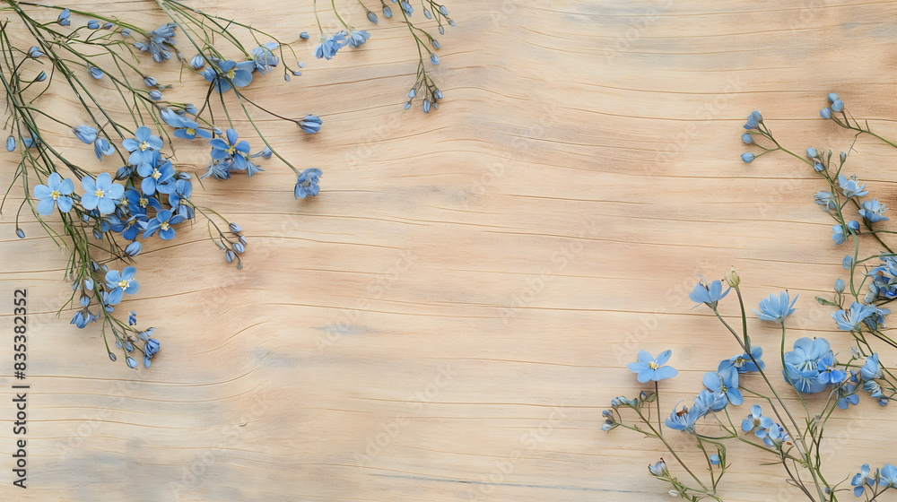 Blue Flowers on Wooden Texture - Floral Background with Copy Space Blue Flowers on Wooden Texture - Floral Background with Copy Space