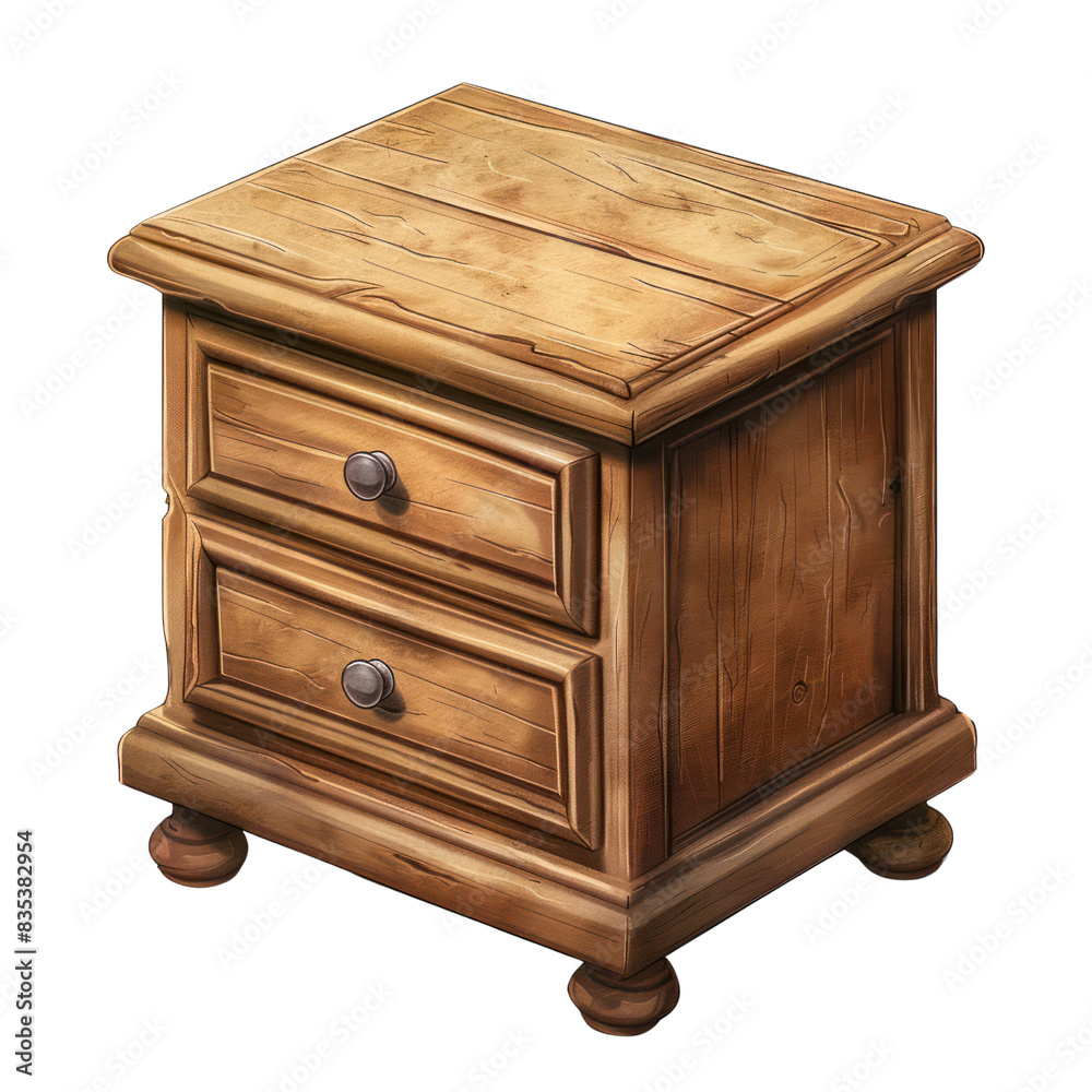 Wooden bedside table with two drawers, perfect for adding rustic charm and storage to any bedroom decor. transparent backgrounds