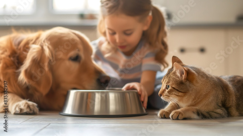 Tender Moment Among Girl, Cat, and Dog with Food Bowls at Home