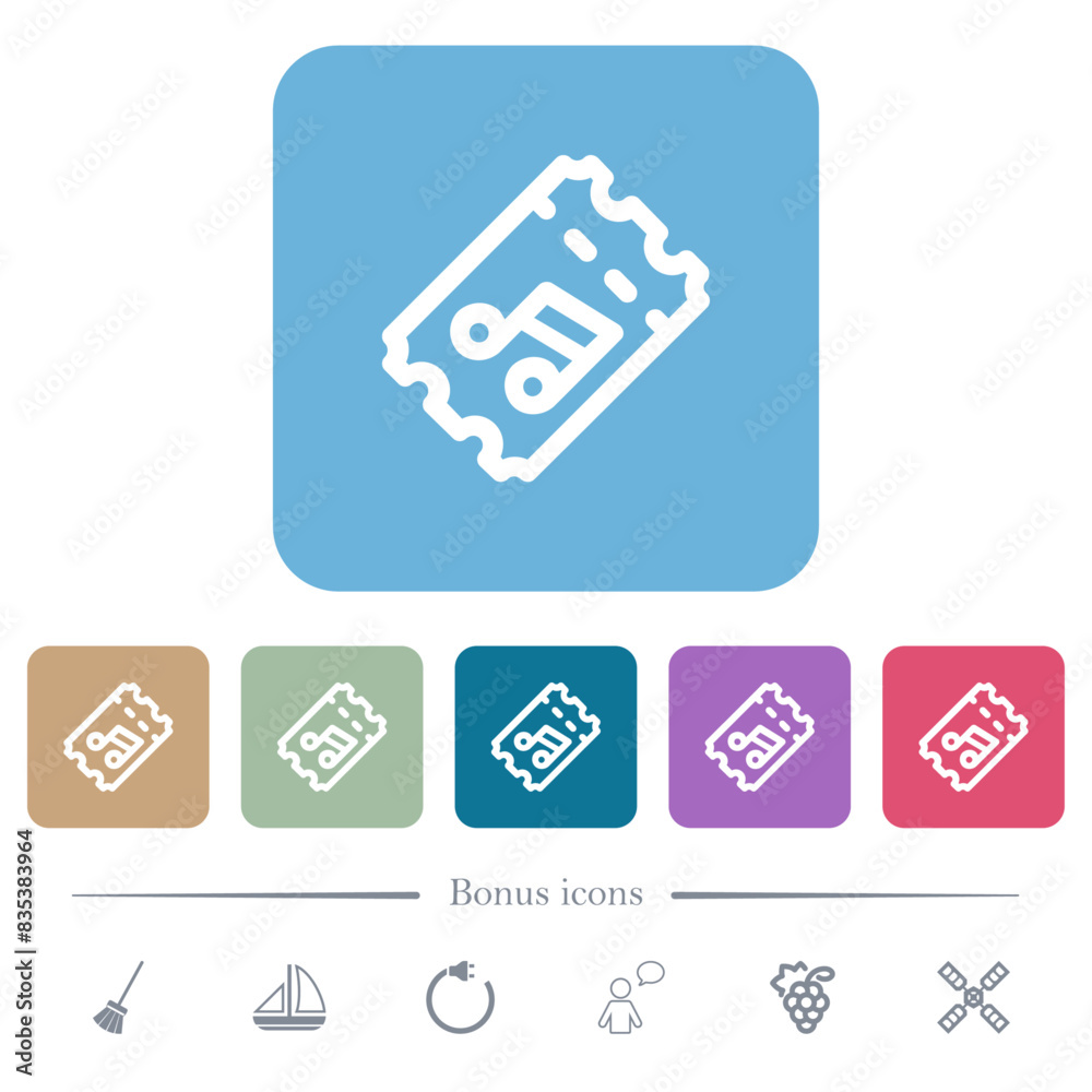 Concert ticket outline flat icons on color rounded square backgrounds