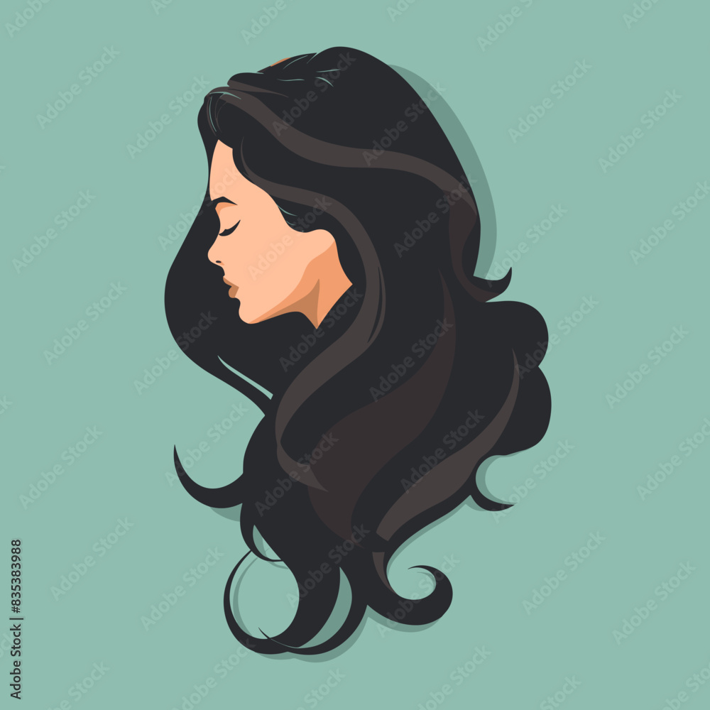 Profile of Woman with Long Black Hair Against Green Background Profile of Woman with Long Black Hair Against Green Background