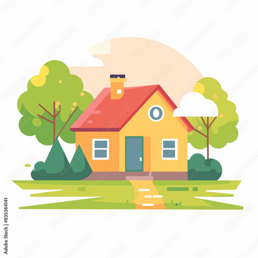 Cartoon Yellow House with Green Trees and Lawn Cartoon Yellow House with Green Trees and Lawn