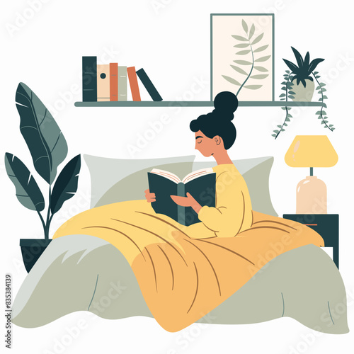 Woman Reading a Book in Bed with Plants and Bookshelf