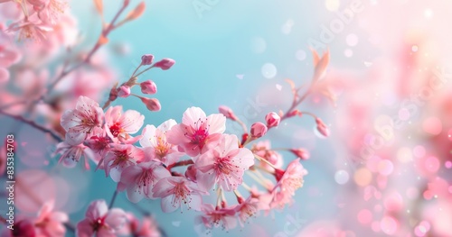 Cherry blossoms in the sky, pastel pink and blue background 