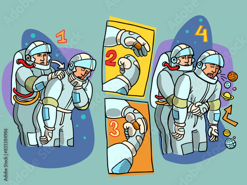 Heimlich maneuver, saving someone choking on food. An astronaut helps a colleague because of the large number of planets. Humorous instructions for astronauts. Space forum and cosmonautics day.