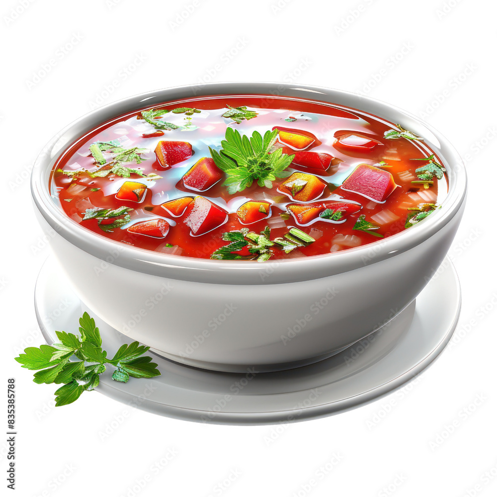 A delicious bowl of tomato soup garnished with fresh herbs and diced vegetables, perfect for a hearty and healthy meal. transparent backgrounds A delicious bowl of tomato soup garnished with fresh herbs and diced vegetables, perfect for a hearty and healthy meal. transparent backgrounds