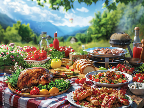 Delicious outdoor picnic with various dishes  fresh vegetables  and fruits set against a scenic mountain backdrop on a sunny day.