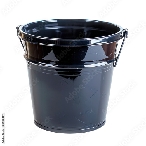 A black plastic bucket with a silver handle.