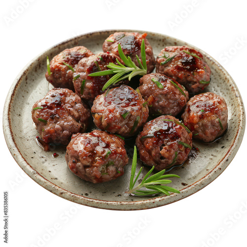 A delicious plate of homemade meatballs garnished with fresh herbs, perfect for a savory meal or appetizer. transparent backgrounds