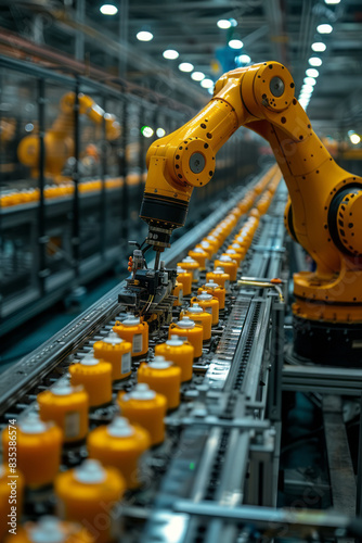 An animation of a robotic arm assembling products on a high-tech manufacturing line,