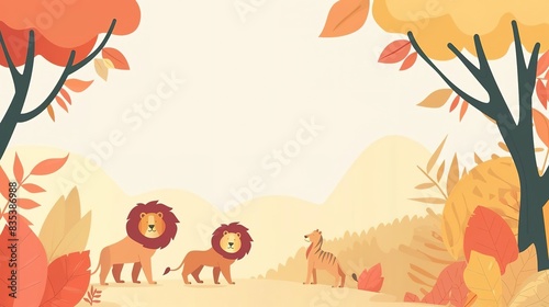 Three lions stand in a forest with autumn leaves. Copy space. The wonders of nature, animals and ecosystems concept.