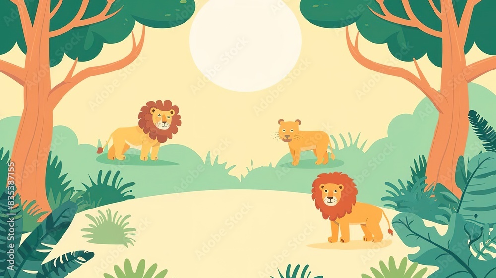 Simple, Flat design of a safari background with wild animals like lions, ideal for nature and adventure themes, with space for text. The wonders of nature, animals and ecosystems concept. Simple, Flat design of a safari background with wild animals like lions, ideal for nature and adventure themes, with space for text. The wonders of nature, animals and ecosystems concept.
