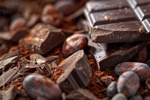 Detailed Macro Shot of Cocoa Beans and Artisan Chocolate Bar Pieces for Culinary Design