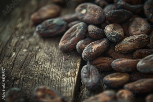 Rustic Cocoa Beans Close-Up on Wooden Surface - Perfect for Artisanal Branding and Food Blogs
