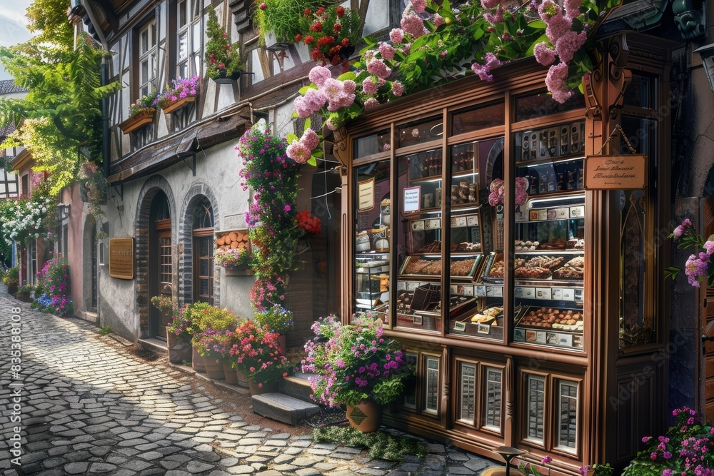 Fototapeta premium Charming European Chocolate Shop on Quaint Cobblestone Street - Ideal for Travel Brochures, Posters, and Greeting Cards