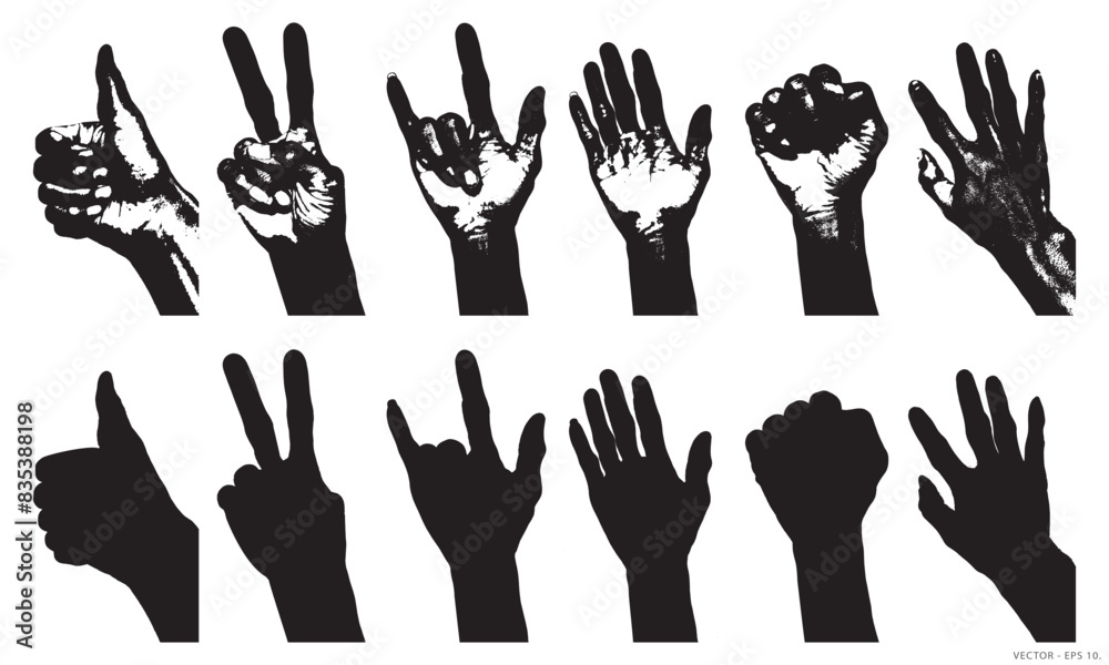 Fototapeta premium Collection of Hand Movement Silhouettes with Grunge Retro Style. NOT AI.