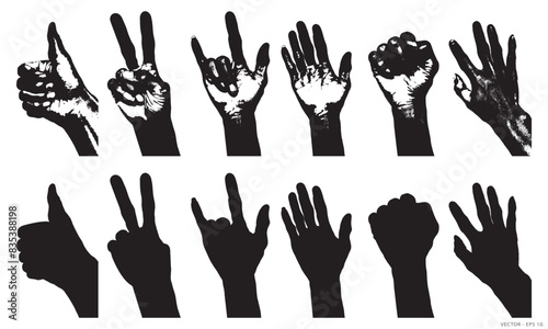 Collection of Hand Movement Silhouettes with Grunge Retro Style. NOT AI.